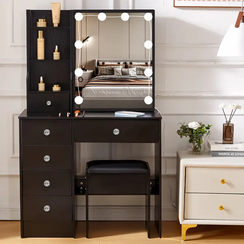 Dresser Vanity With Lights, 3 Light Colours, Black Dresser Set Vanity With 5 Drawers