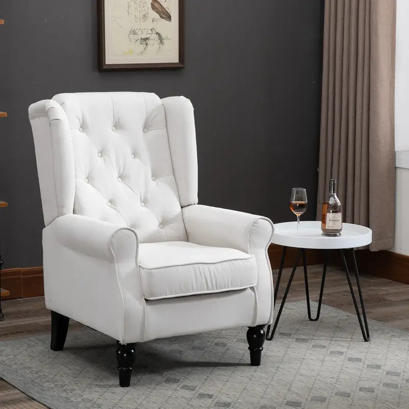 Chesterfield Cream White Retro Accent Chair, Wingback Armchair with Wood Frame