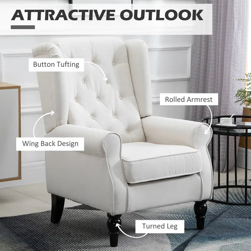 Chesterfield Cream White Retro Accent Chair, Wingback Armchair with Wood Frame