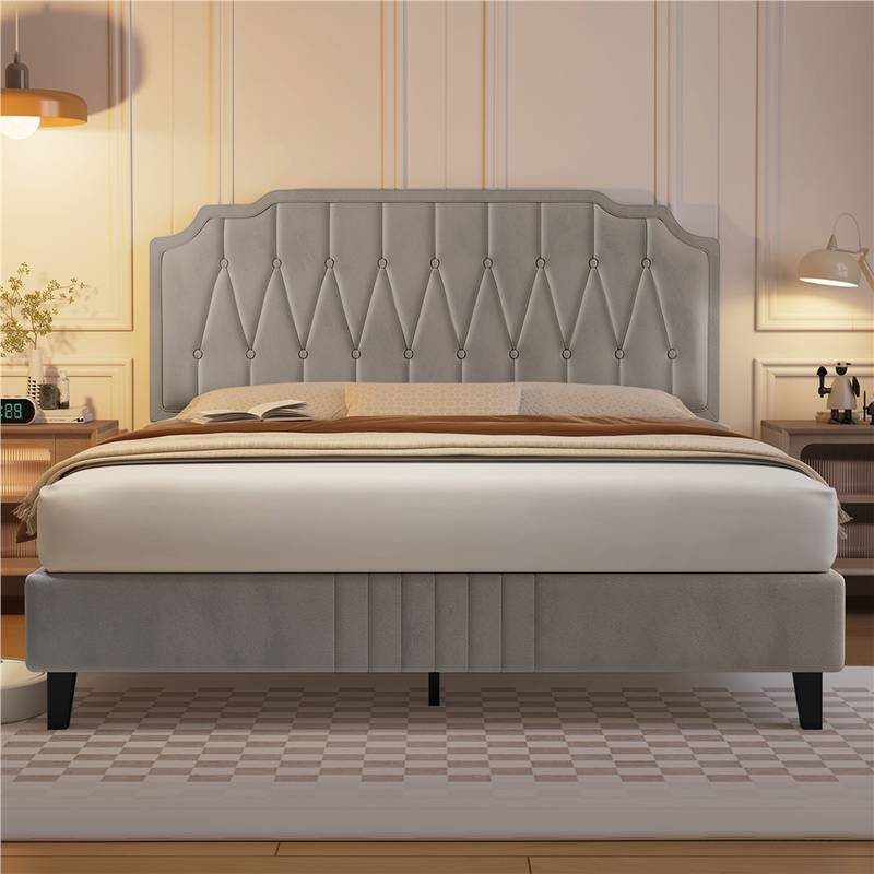 Chesterfield Upholstered Bed Frame Velvet (BEIGE) Platform Bed with Height Adjustable Headboard With Wooden Slat Support