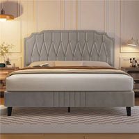 Chesterfield Upholstered Bed Frame Velvet (BEIGE) Platform Bed with Height Adjustable Headboard With Wooden Slat Support