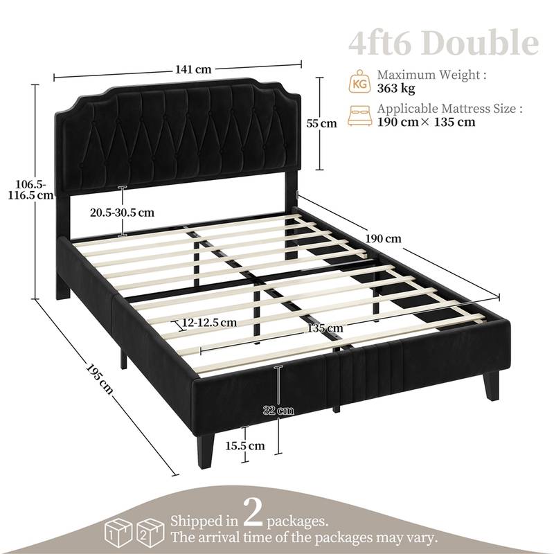 Chesterfield Upholstered Bed Frame Velvet (BLACK) Platform Bed with Height Adjustable Headboard With Wooden Slat Support