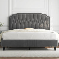 Chesterfield Upholstered Bed Frame Velvet (DARK GREY) Platform Bed with Height Adjustable Headboard With Wooden Slat Support