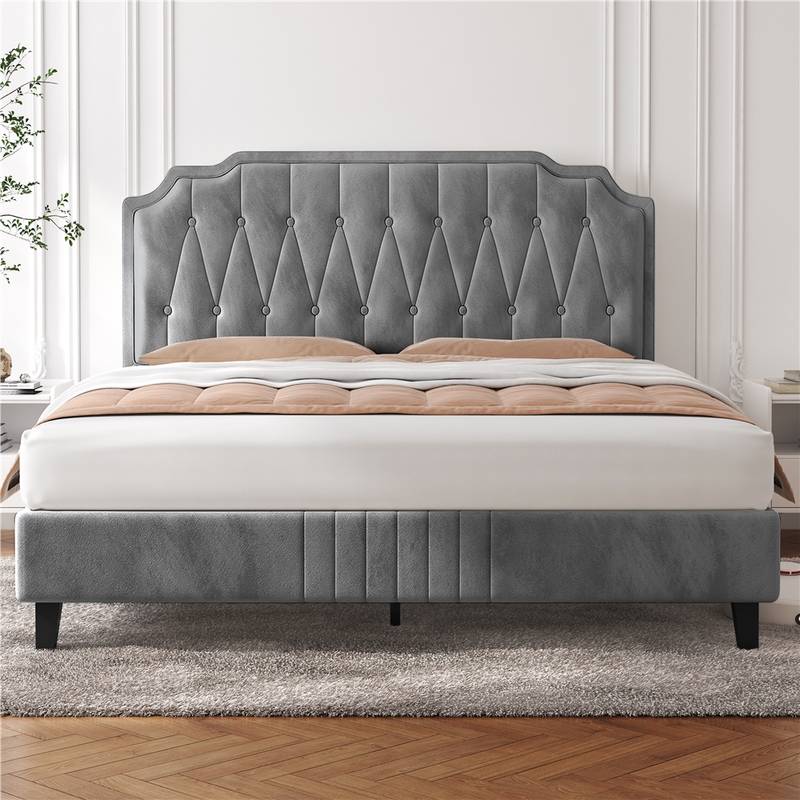 Chesterfield Upholstered Bed Frame Velvet (LIGHT GREY) Platform Bed with Height Adjustable Headboard With Wooden Slat Support