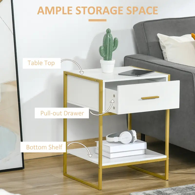 Modern Bedside Table, Side Table for Living room, Bedroom White and Gold