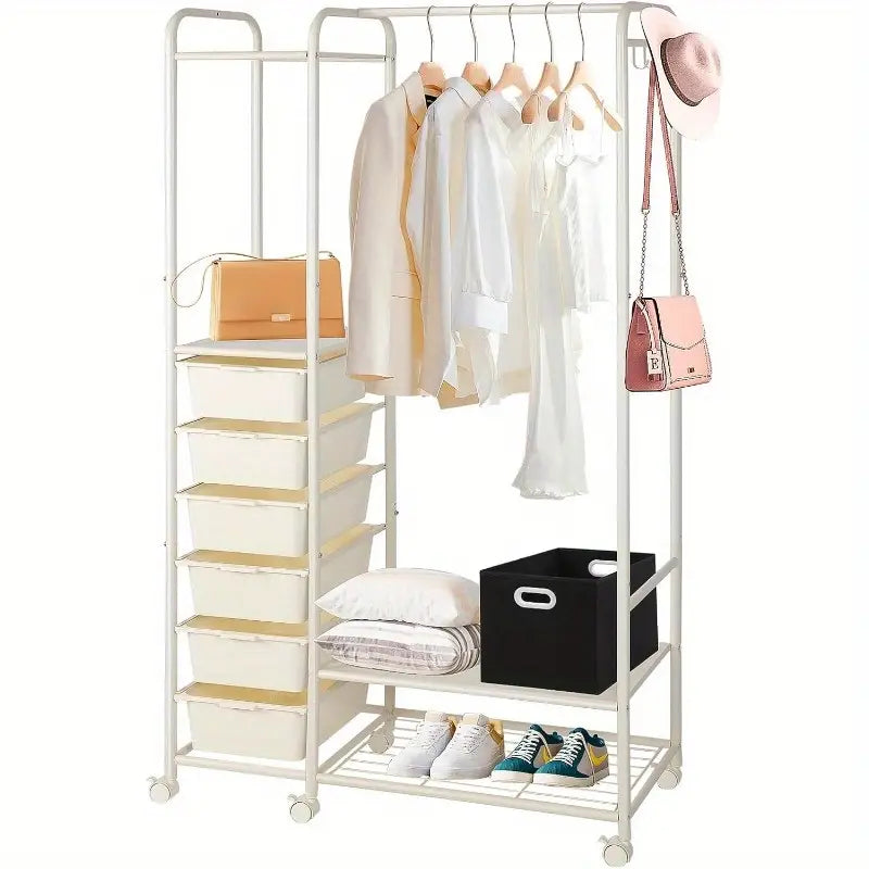 Wardrobe Clothes Rack With Wheels, Shoe Rack & Hanging Hooks For Hats And Bags