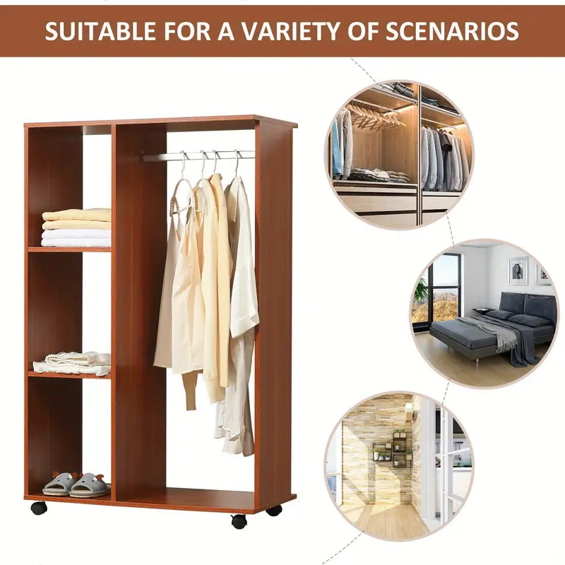 Wardrobe Open on Wheels with Clothes Rail, Bedroom Clothes Storage WALNUT