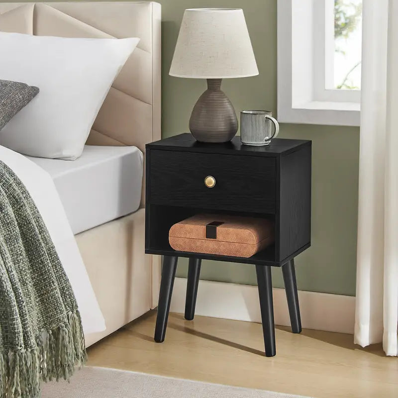 BLACK Bedside Tables, Set of 2, Side Table with Storage Drawer and Open Shelf, Living Room & Bedroom