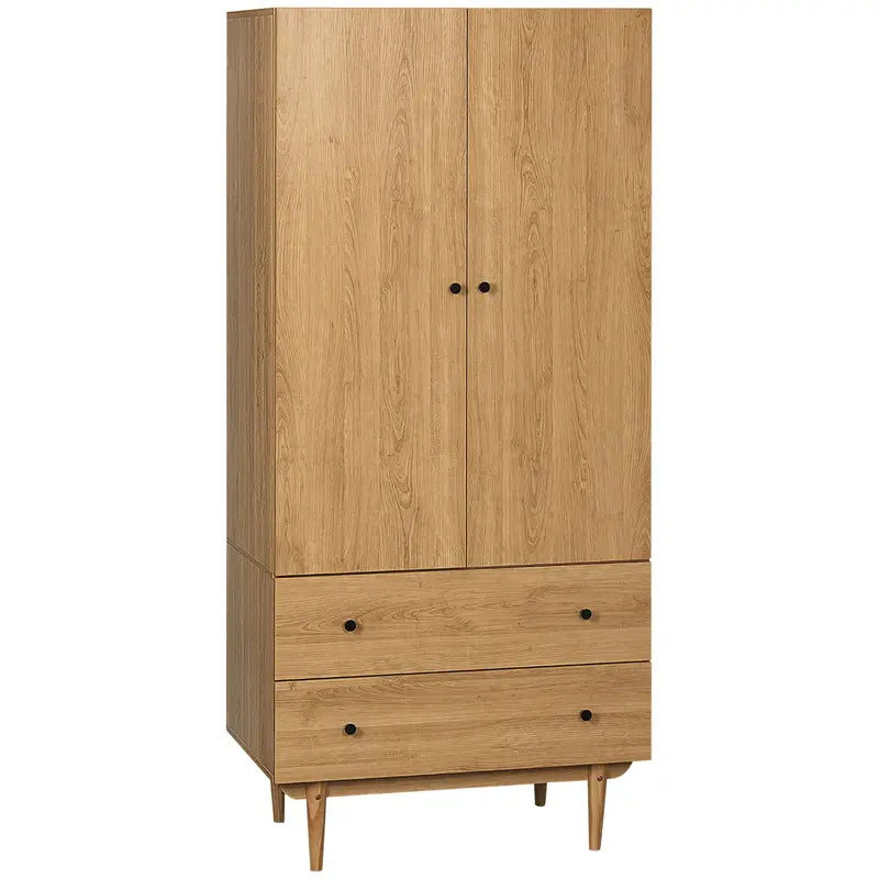 Wardrobe 2 Door with 2 Drawers, Hanging Rail, Anti-tipping Design NATURAL WOOD