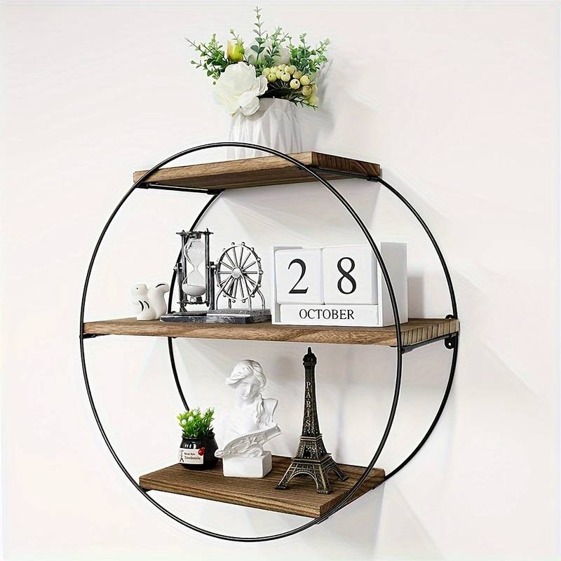 Circle Round Wall Decorative Floating Shelves Rustic Hanging Storage Shelf Metal Bracket