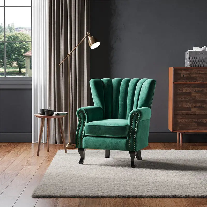 Chesterfield Green Armchair Queen Anne Chair Curved Scallop Shell Wingback