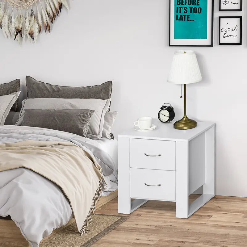 WHITE Bedside Table with 2 Drawers, Bed Side Table for Bedroom, Living Room