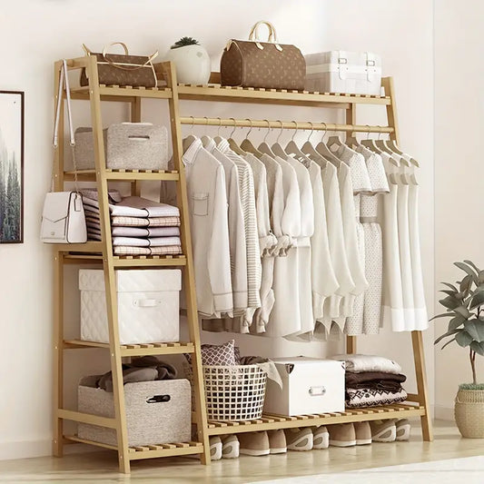 Wardrobe Bamboo Wood Open Clothes Rail Rack Hanging Garment Organize