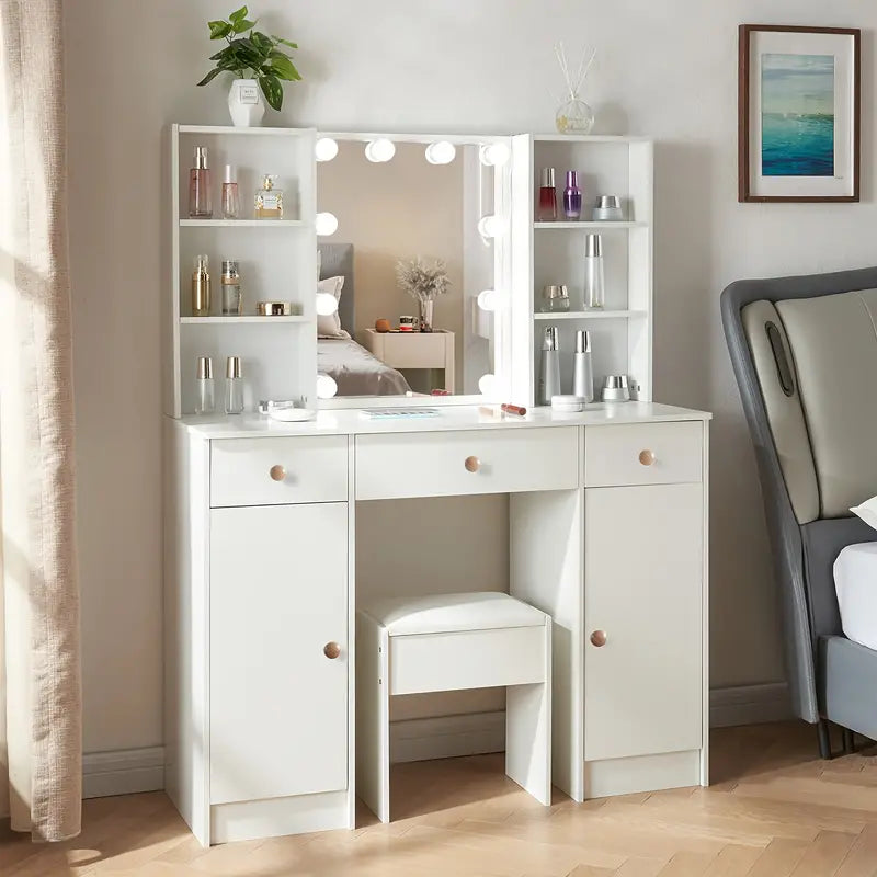 Dressing Table Makeup Desk With Lighted Mirror Stool Large Drawers Vanity Table