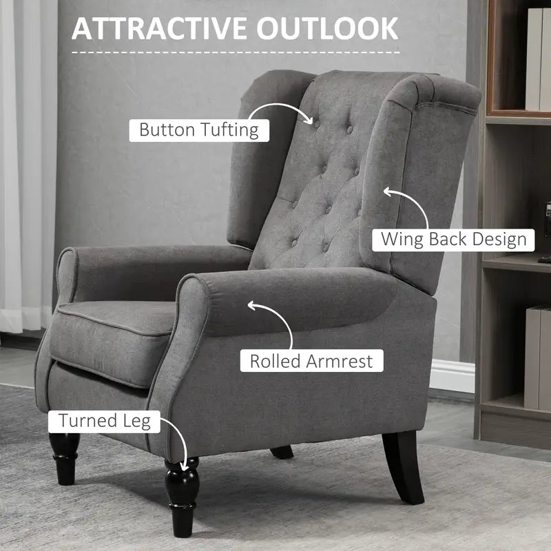 Chesterfield Dark Grey Retro Accent Chair, Wingback Armchair with Wood Frame