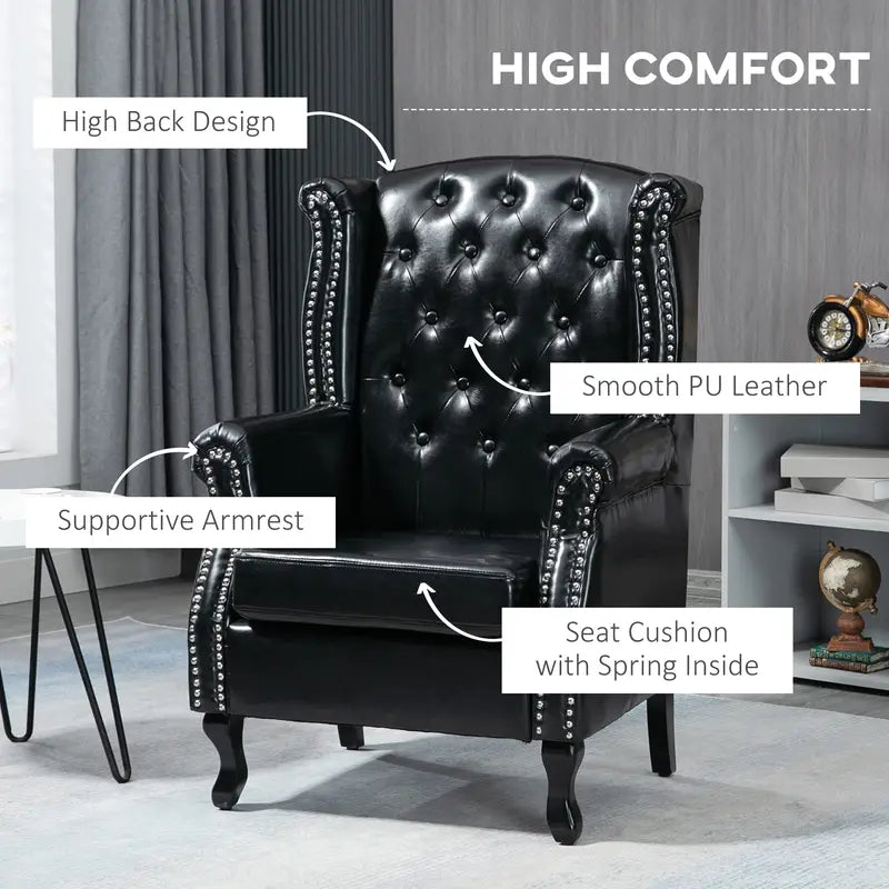 Chesterfield Black style PU Leather Fireside Chair, Button Tufted Accent Chair