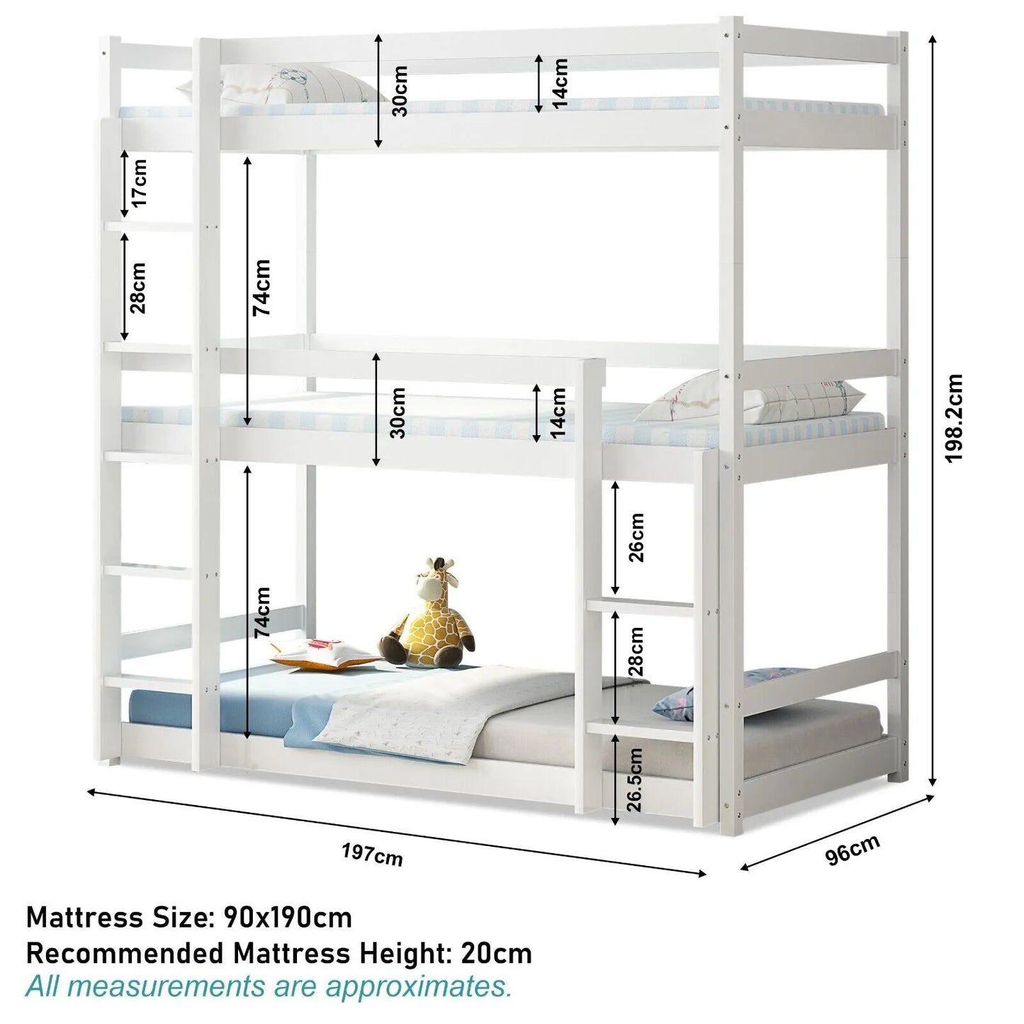 Bunk Beds High Sleeper Kids Children Pine Wooden Bed Frame (White)