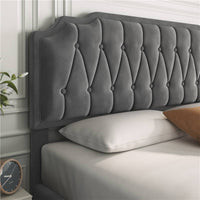 Chesterfield Upholstered Bed Frame Velvet (DARK GREY) Platform Bed with Height Adjustable Headboard With Wooden Slat Support