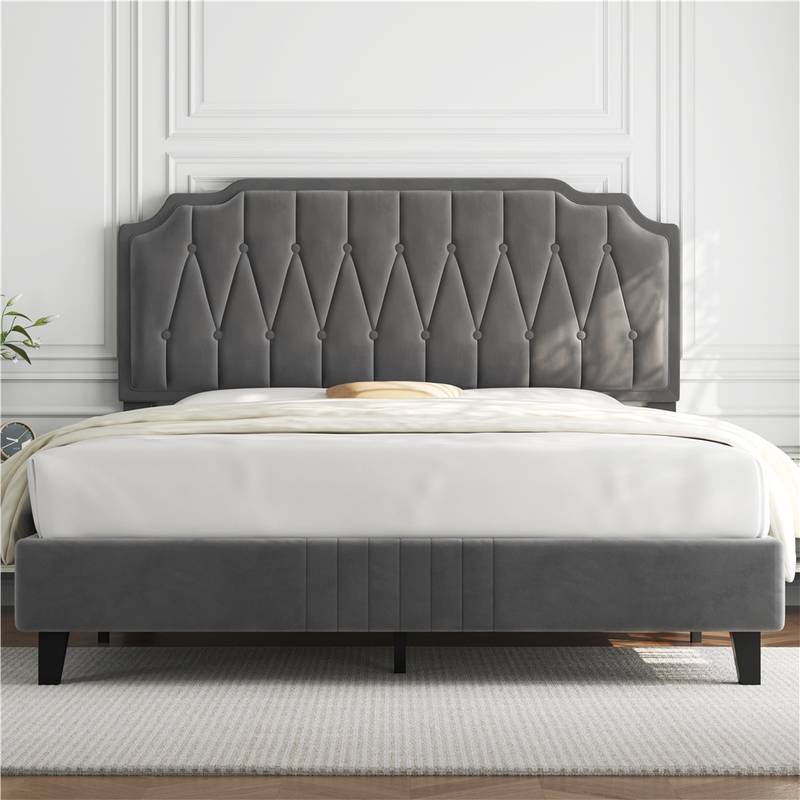 Chesterfield Upholstered Bed Frame Velvet (LIGHT GREY) Platform Bed with Height Adjustable Headboard With Wooden Slat Support