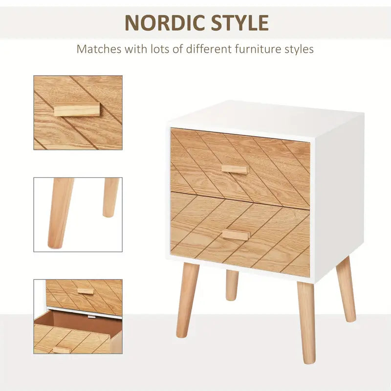 2 Drawers Bedside Table with Pine Legs, Bedroom Wooden Storage Cabinet, Natural