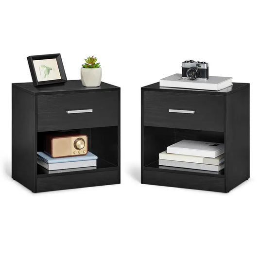 BLACK Set of 2, Side Table with Drawer, Handle, Open Compartment, End Table, for Bedroom, Living Room