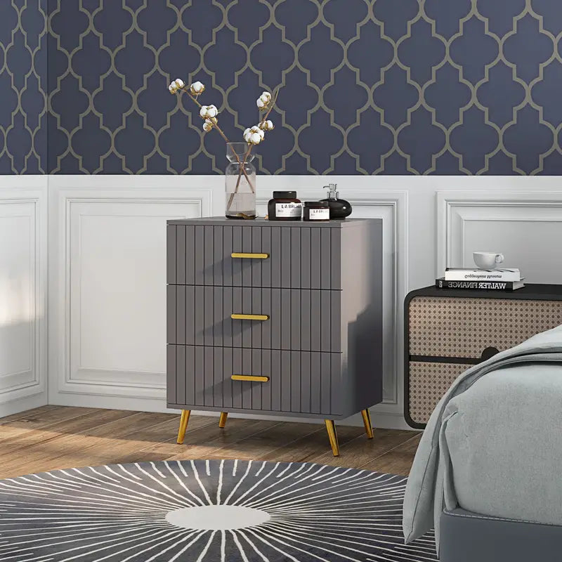 DARK GREY Bedroom Chest of Drawers, Modern 3-Drawer Dresser With Aluminium Legs