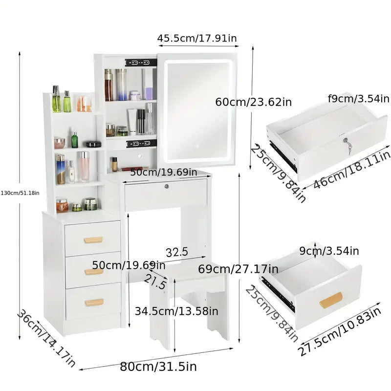 Dressing Table With Drawers Mirror Stool Set Makeup Desk Vanity Table For Bedroom