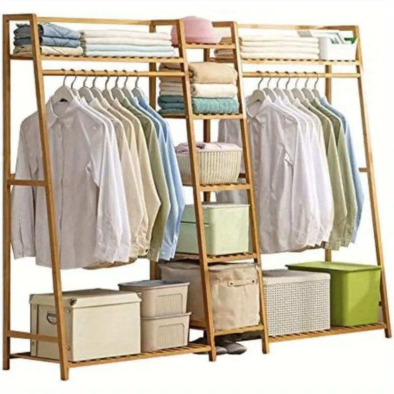 Wardrobe Bamboo Wood Open Clothes Rail Rack Hanging Garment Organize