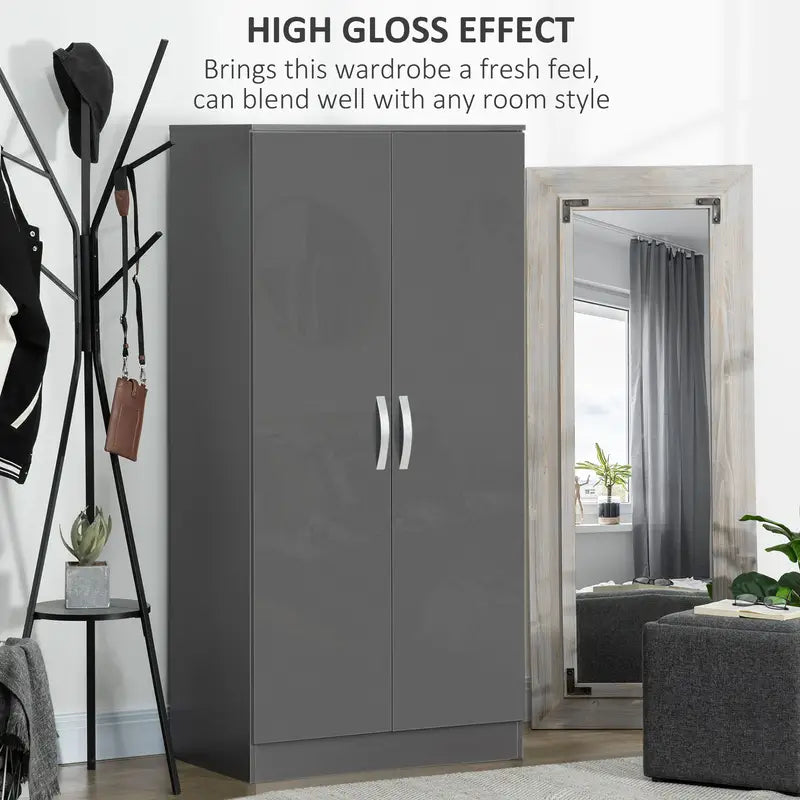 Wardrobe High Gloss Wardrobe, 2 Door Wardrobe with Hanging Rod and Storage Grey