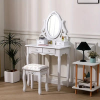 Dressing NEW Desk White Dressing Table Mirror W/ Stool Makeup Vanity Set 4 Drawers