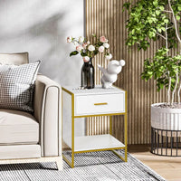 Modern Bedside Table, Side Table for Living room, Bedroom White and Gold