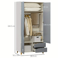 Wardrobe 2 Door 2 Drawers Anti-tipping Design, Modern Bedroom Furniture, GREY