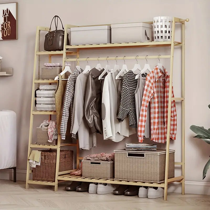 Wardrobe Bamboo Wood Open Clothes Rail Rack Hanging Garment Organize