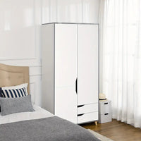 Wardrobe 2 Door with 2 Drawers, Storage Cupboard with Clothes Hanging Rail, WHITE