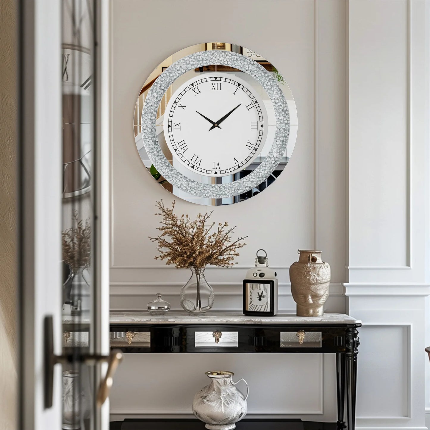 24inch Crystal Sparkle Twinkle Bling Crush Diamond Large Mirrored Wall Clock for Living Room