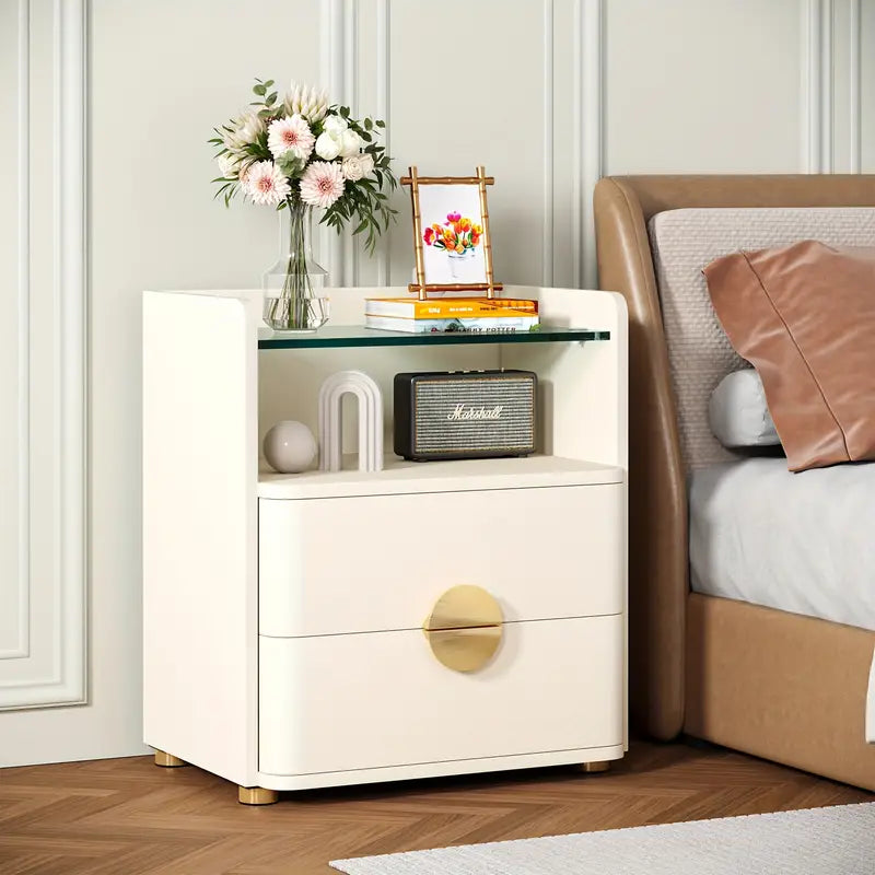 TREE Two-Drawer Nightstands with Open Storage, Bedside Table for Bedroom, Tempered Glass End