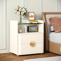 TREE Two-Drawer Nightstands with Open Storage, Bedside Table for Bedroom, Tempered Glass End