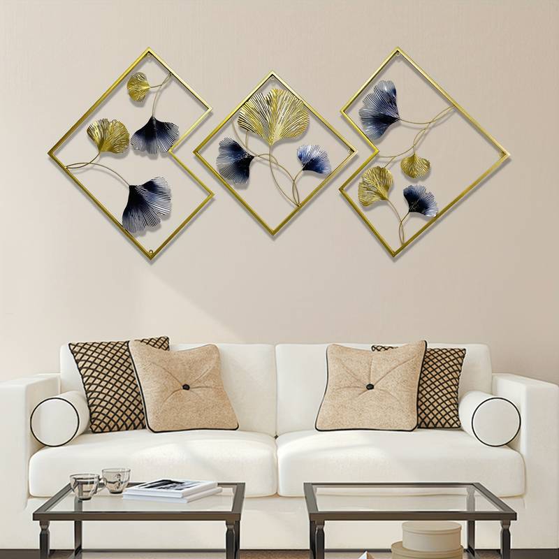 3Pcs Metal Gold+Blue Wall Art Hanging Sculpture Home Art Decor Home Fashion