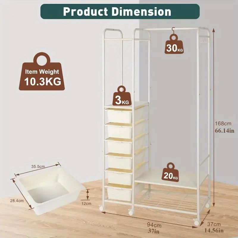 Wardrobe Clothes Rack With Wheels, Shoe Rack & Hanging Hooks For Hats And Bags