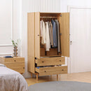 Wardrobe 2 Door with 2 Drawers, Hanging Rail, Anti-tipping Design NATURAL WOOD