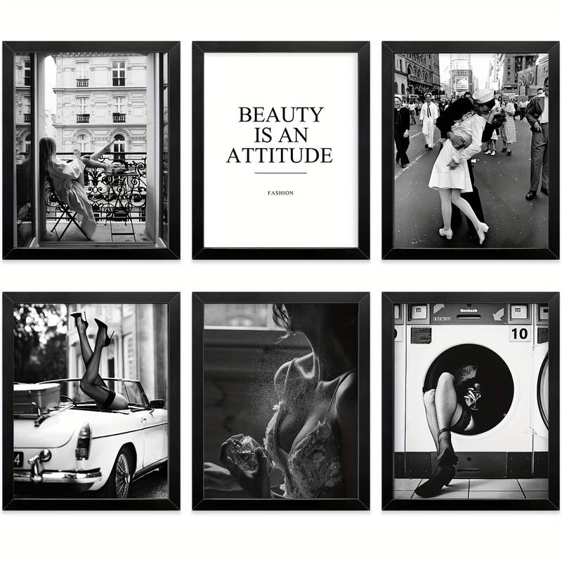 6pcs Framed Art Black And White Poster With FRAME Vintage Home Fashion