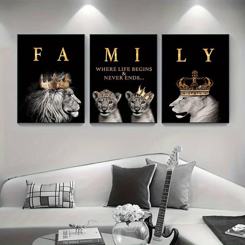 3pc Modern Glam Lion Family Canvas Wall Art - Motivational Set of 3