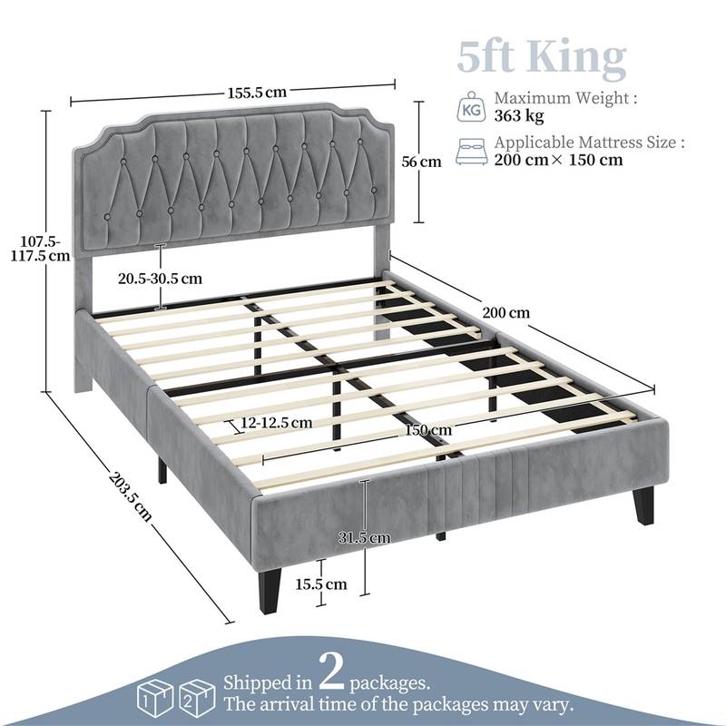 Chesterfield Upholstered Bed Frame Velvet (LIGHT GREY) Platform Bed with Height Adjustable Headboard With Wooden Slat Support