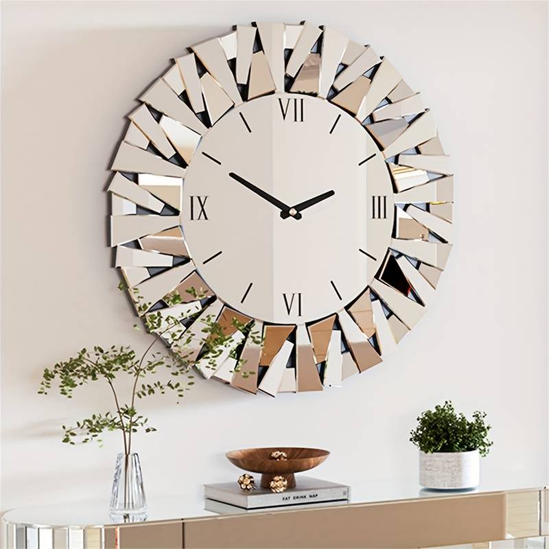 Decorative Mirrored Wall Clock Round Wall-Mounted Mirror Wall Clock With Beveled