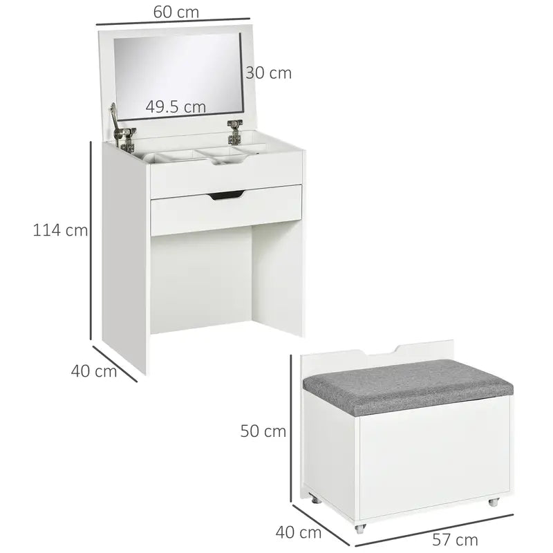 Dressing Table with Flip-up Mirror and Storage Stool, Vanity Table with Drawer