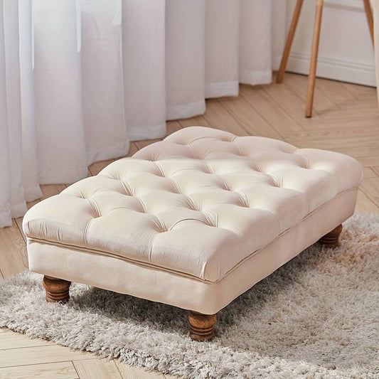 Chesterfield Deep Button Beige Coffee Table Stool Bench Velvet Padded Pouffe Footstool 60*90cm