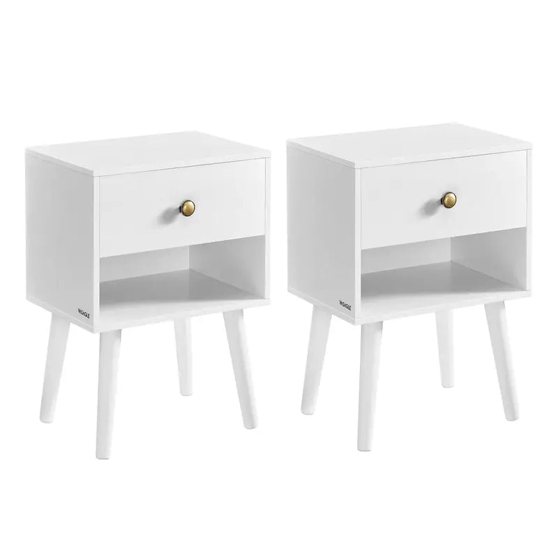 WHITE Bedside Tables, Set of 2, Side Table with Storage Drawer and Open Shelf, Living Room & Bedroom