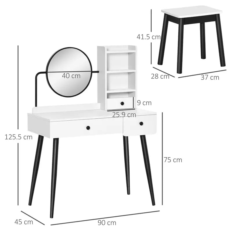 Dressing Table Set with Mirror and Stool, Vanity Makeup Table with 3 Drawers White