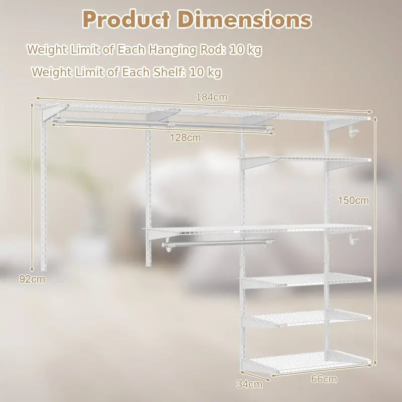 Wardrobe Wall Mounted Closet System Metal Hanging Storage Organizer Rack