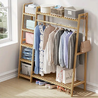 Wardrobe Bamboo Wood Open Clothes Rail Rack Hanging Garment Organize